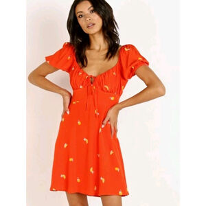 ASTR the Label Nancy Dress Atomic Orange Citrus Print Zip Back Tie Size S $98